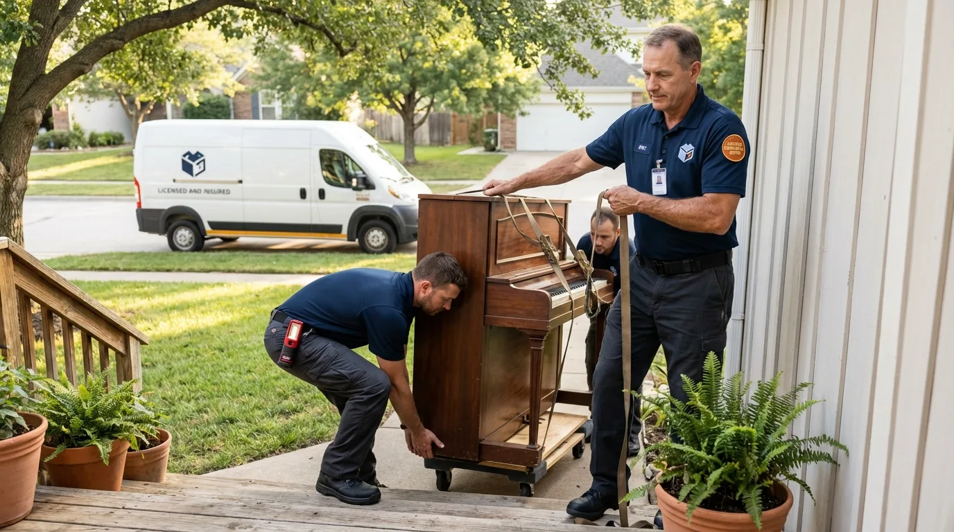Licensed piano movers securing grand piano in Maricao, PR