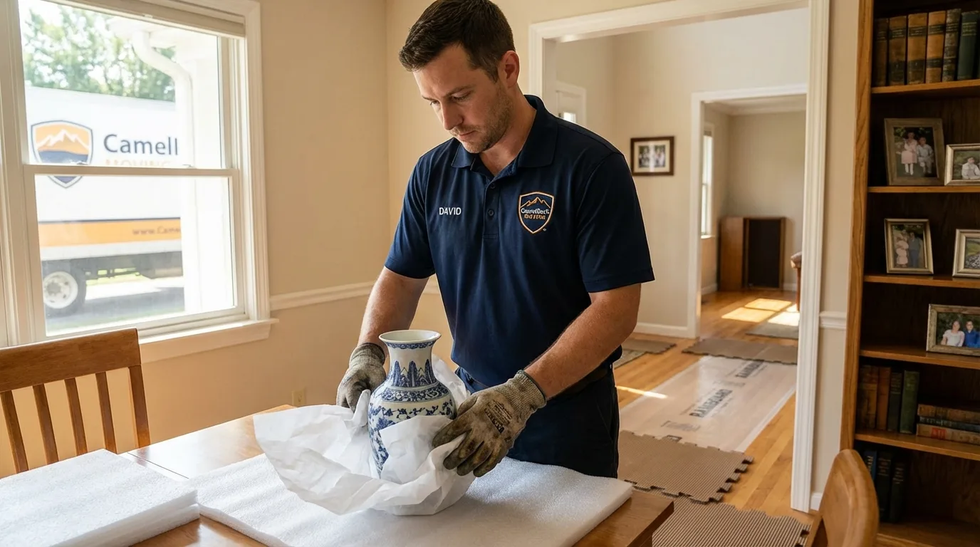 Professional crew carefully wrapping antique vase for senior downsizing move in Maricao, PR